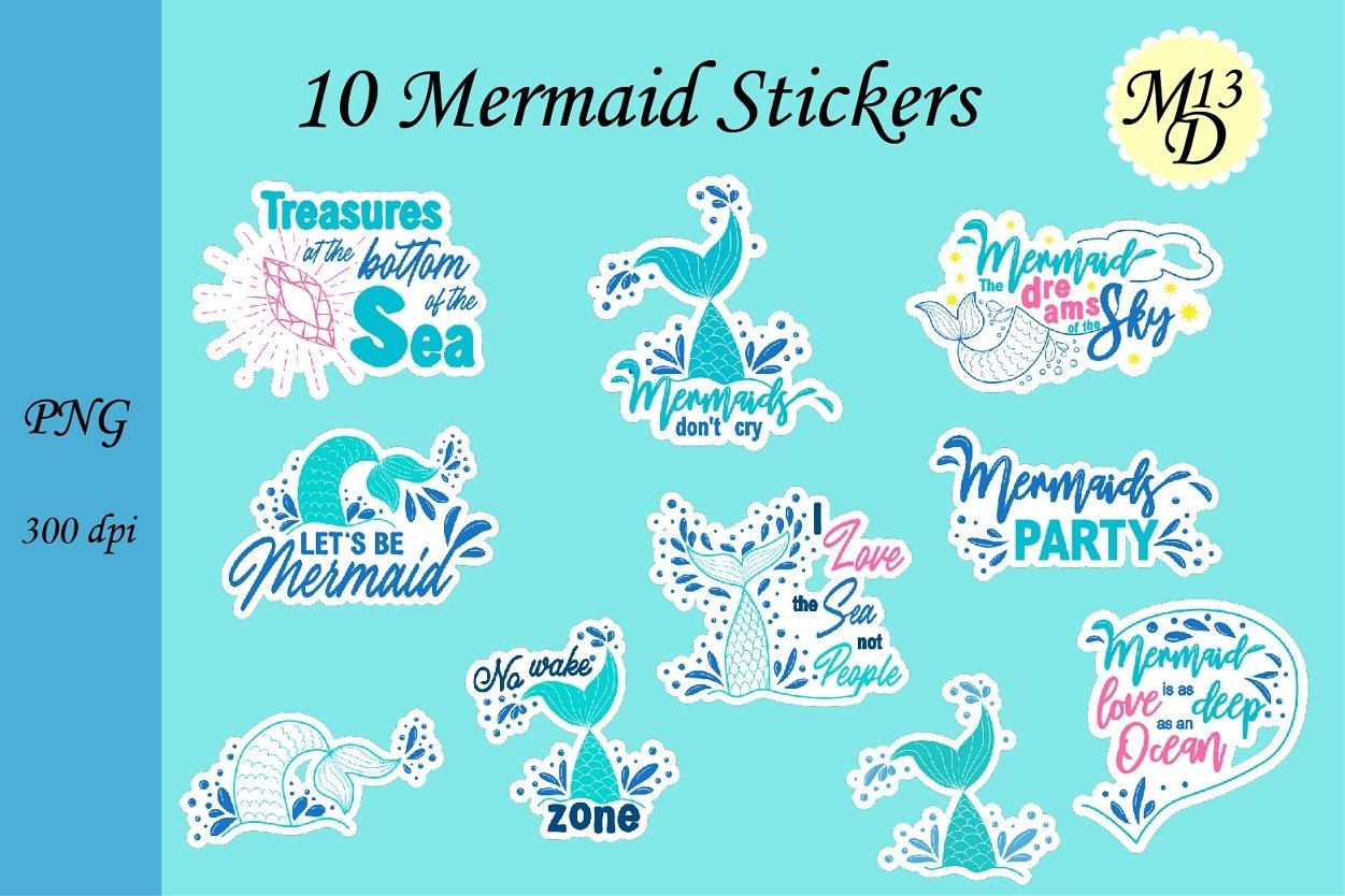 10 Mermaid Lettering Stickers png design