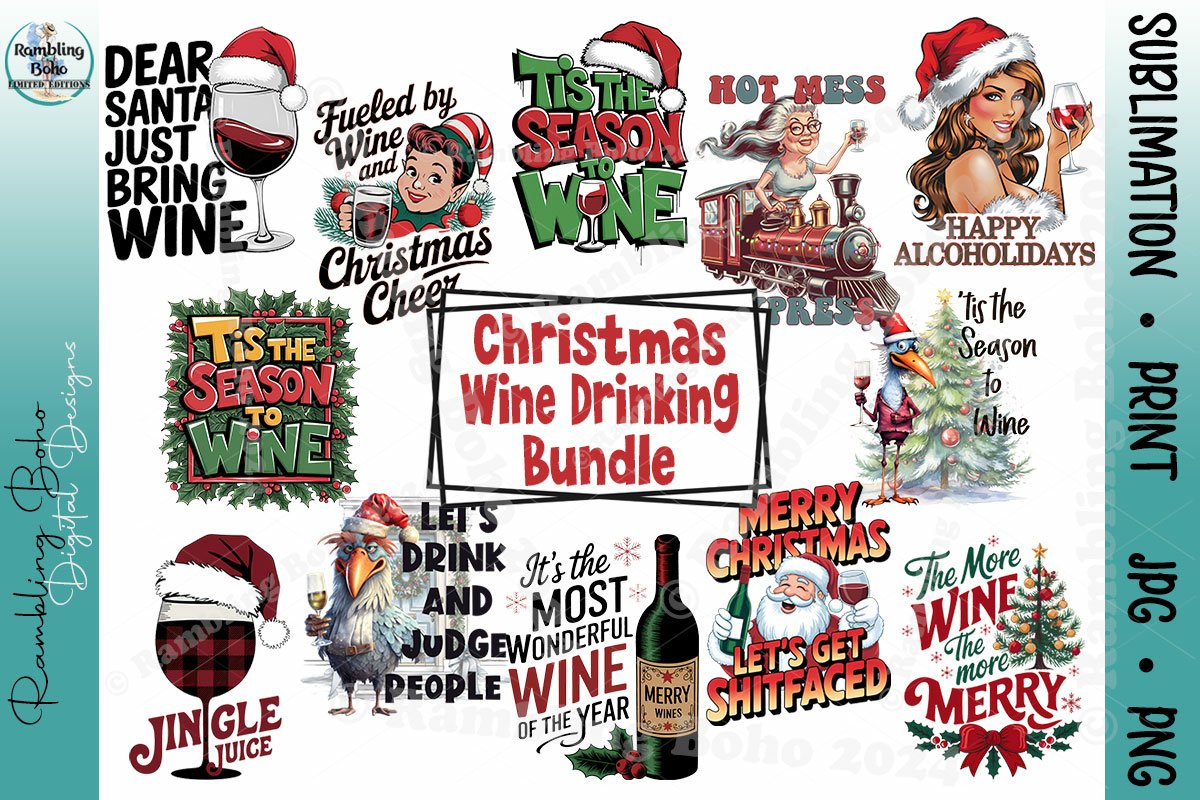 Holiday Wine Drinking Bundle of 12 Sublimation