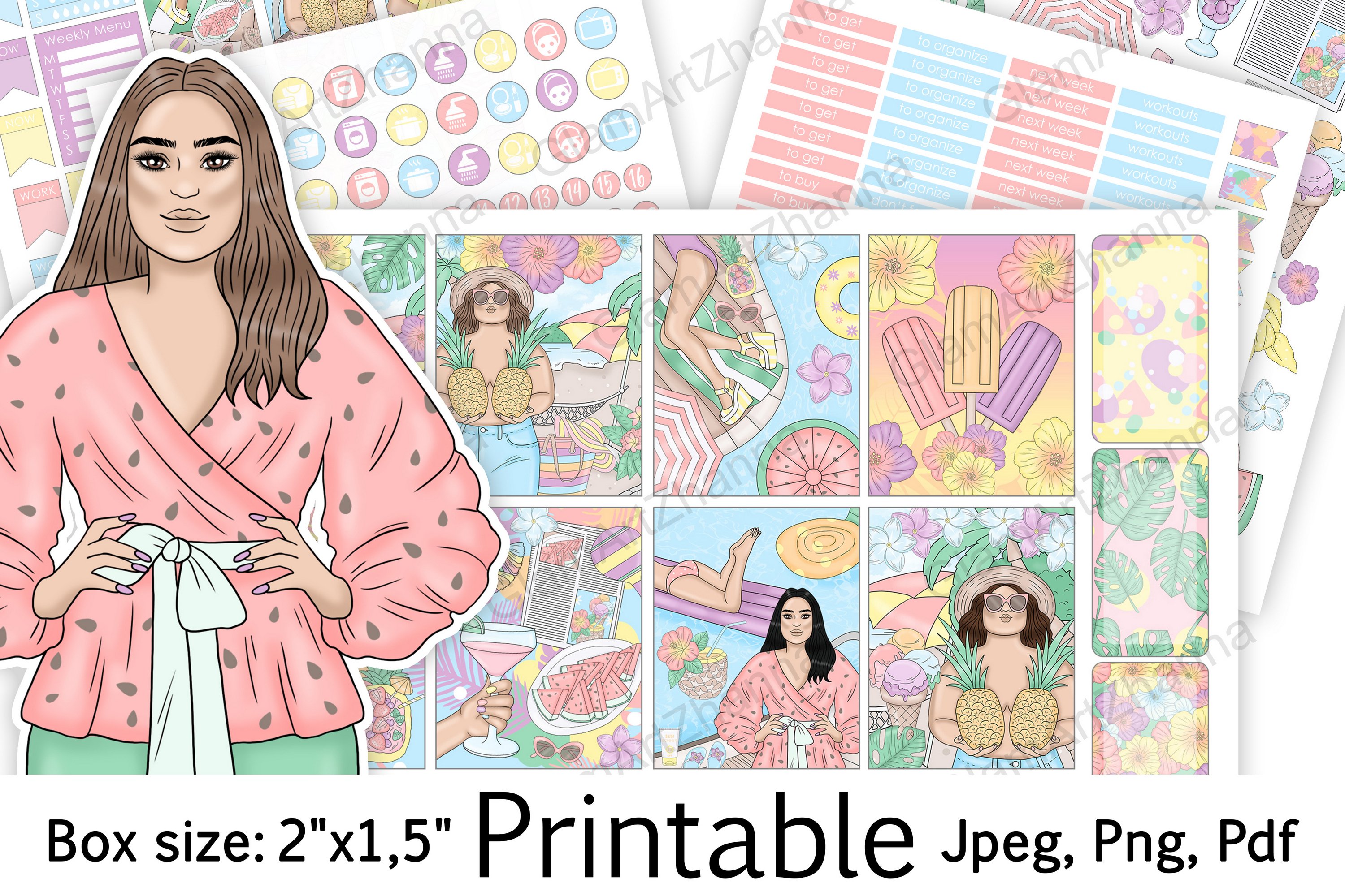 Pastel Summer Printable Vacation Sticker Box Size 2"x1,5"
