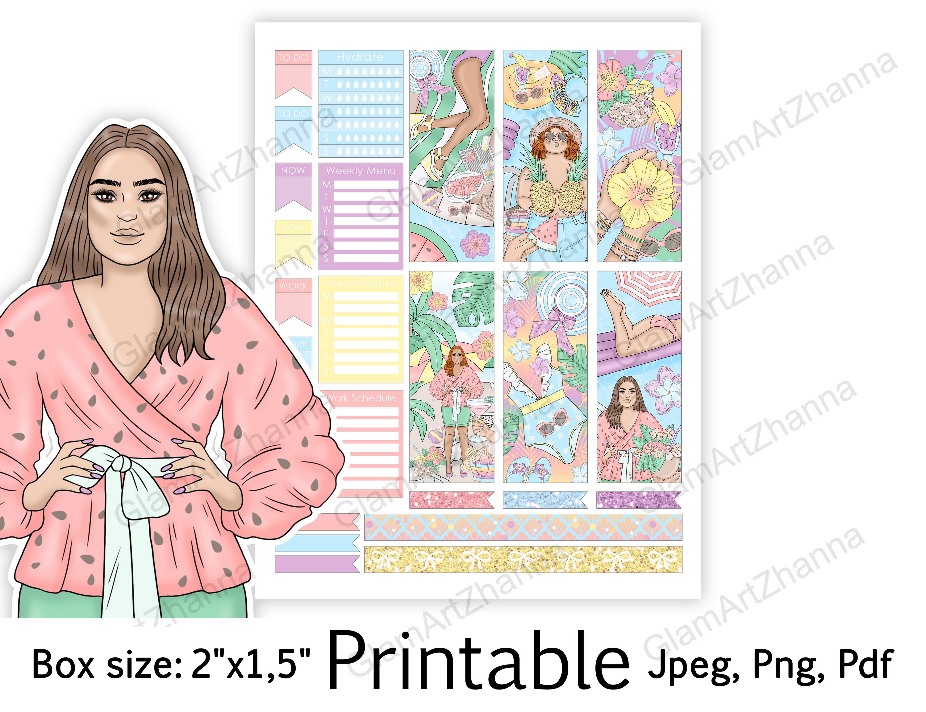 Pastel Summer Printable Vacation Sticker Box Size 2"x1,5" view 3