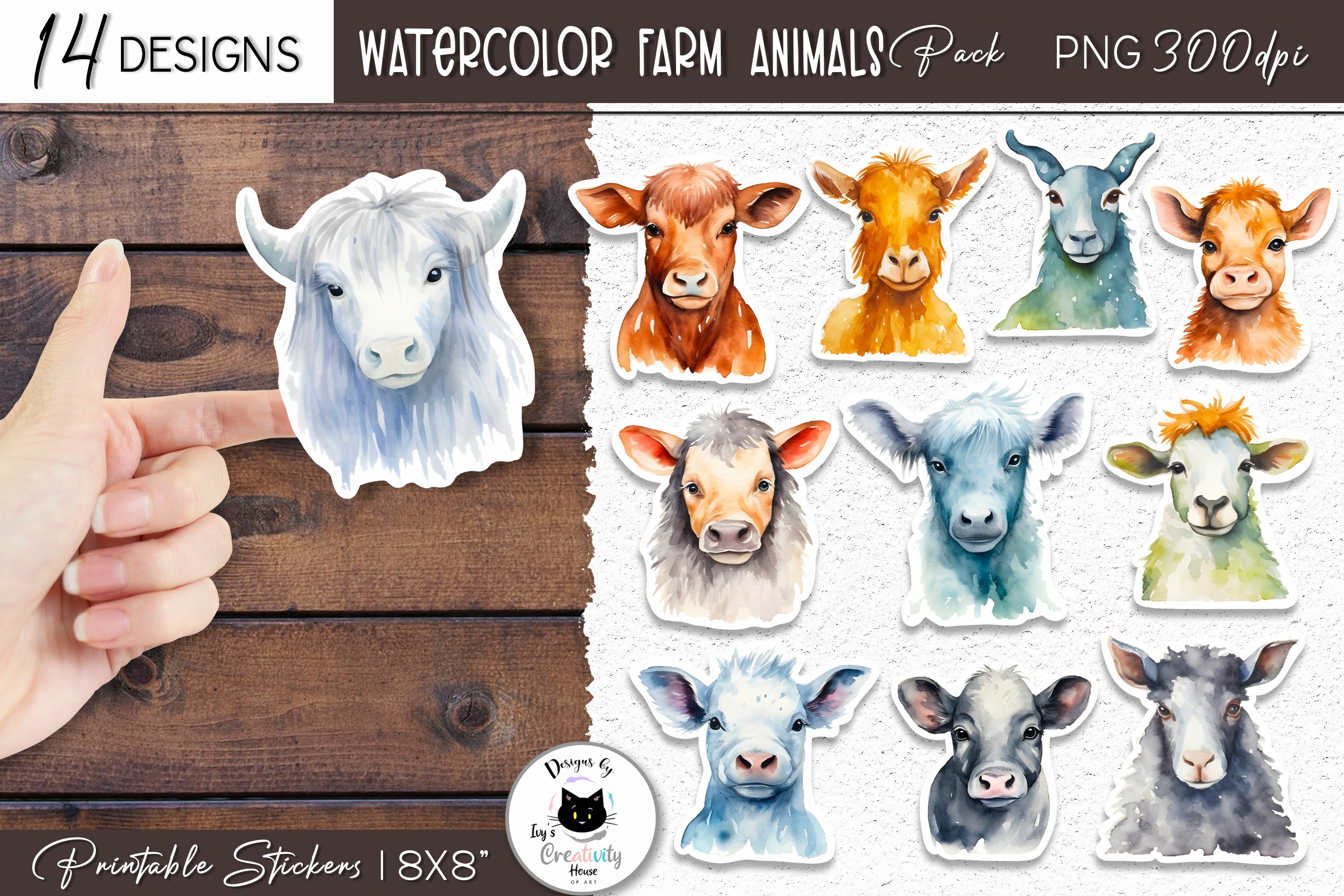 Watercolor Farm Animal Sticker Bundle | 14 Animal Stickers