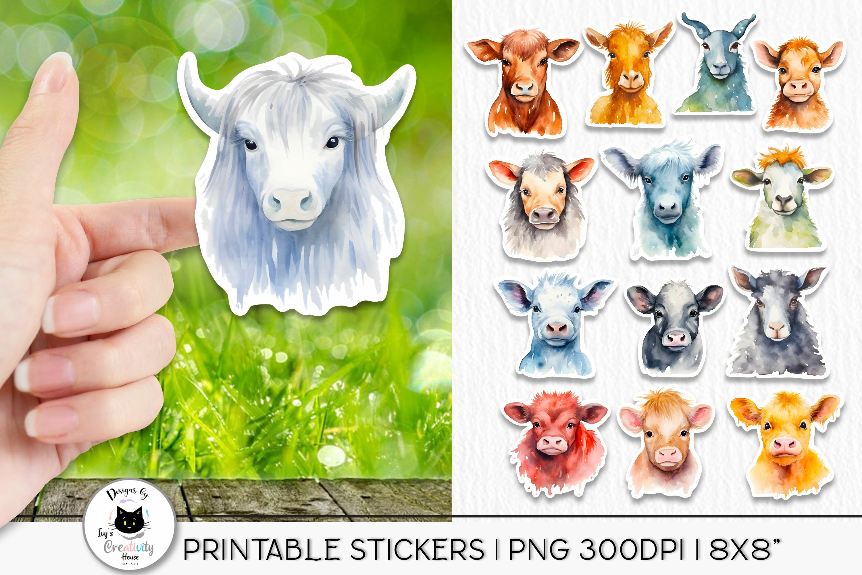 Watercolor Farm Animal Sticker Bundle | 14 Animal Stickers view 2