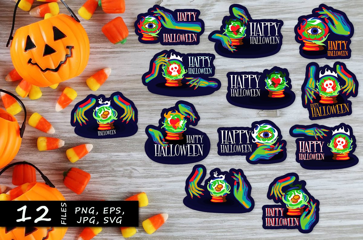 Halloween Stickers with witch hands and fortune telling ball