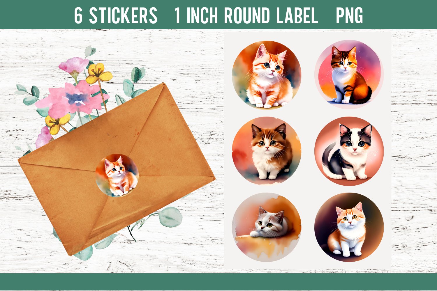 Watercolor Cat Stickers | Round Labels Design PNG 1 inch