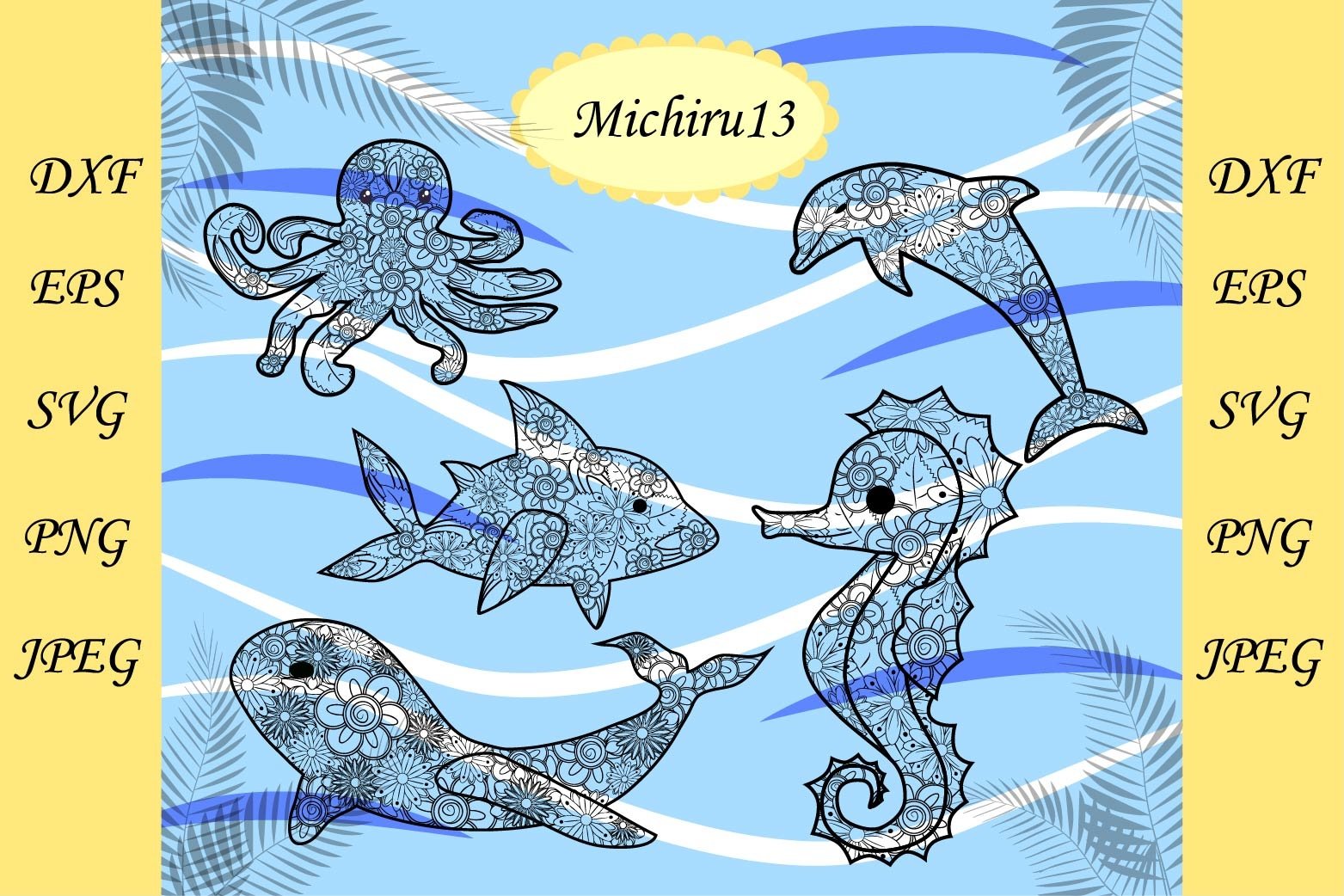 Marine collection. Floral zentangle, cutout, mandala