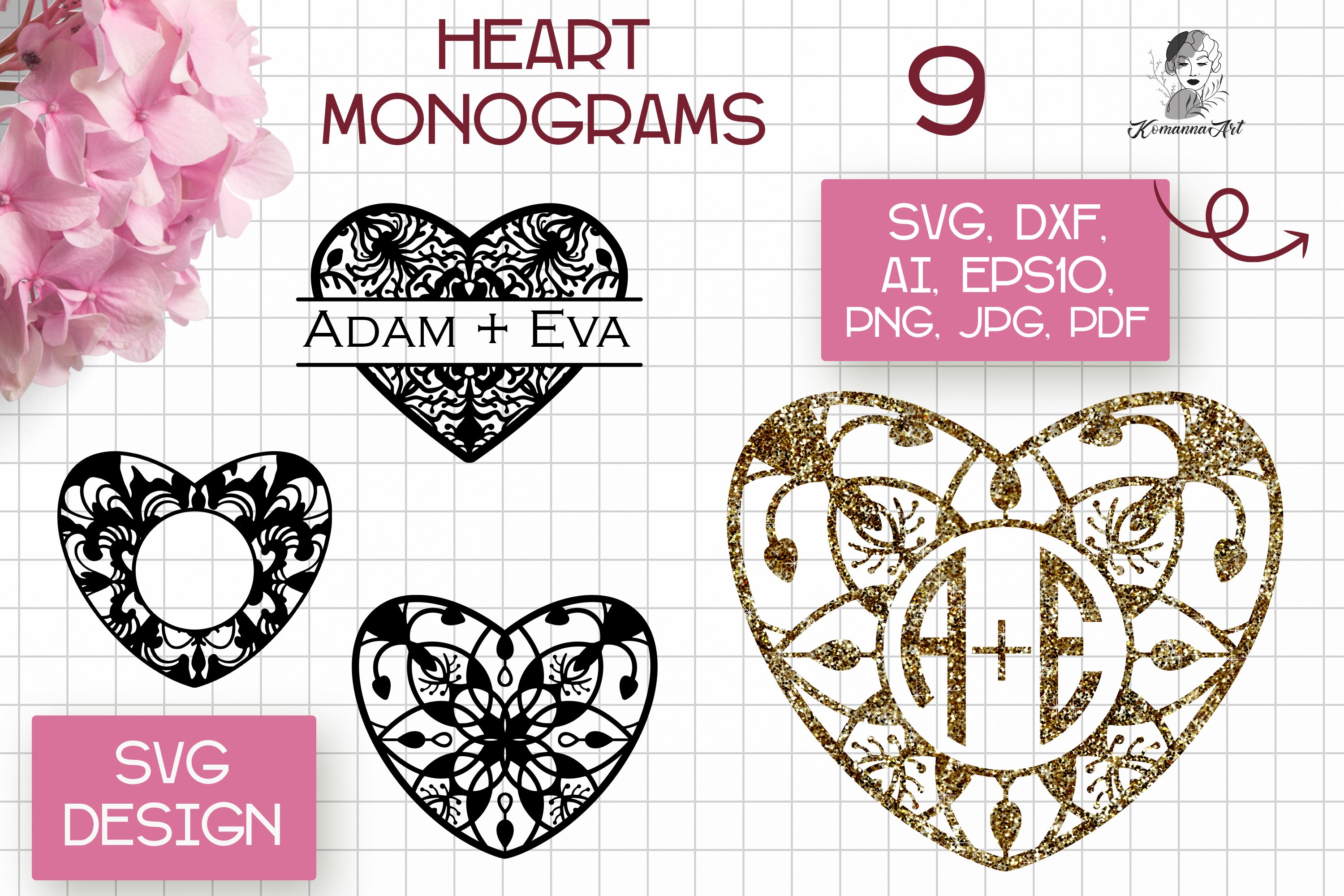 Split Monogram Bundle / Circle monogram SVG / Heart mandala