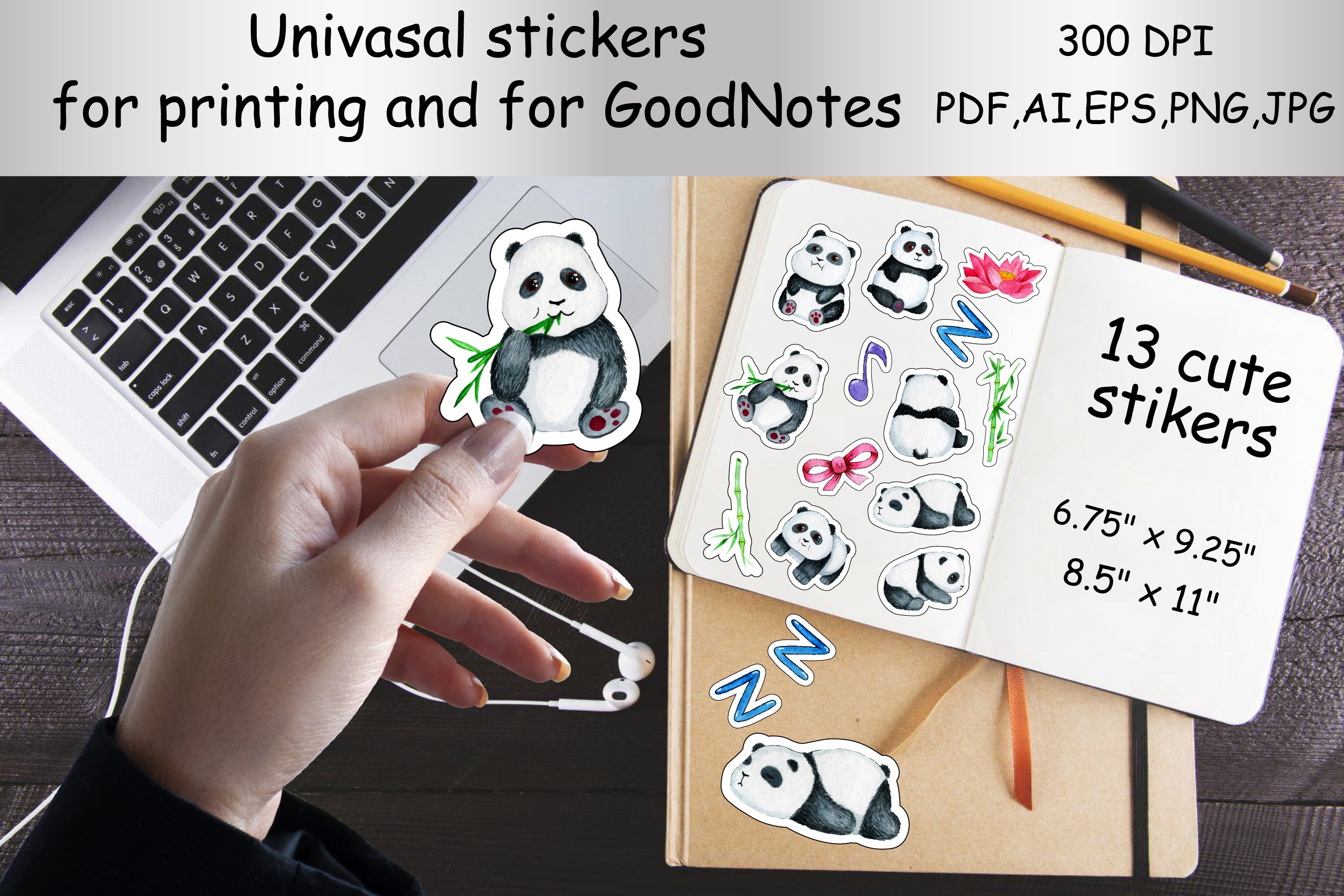 Stickers Print And Cut and for the GoodNotes app.Panda bundl