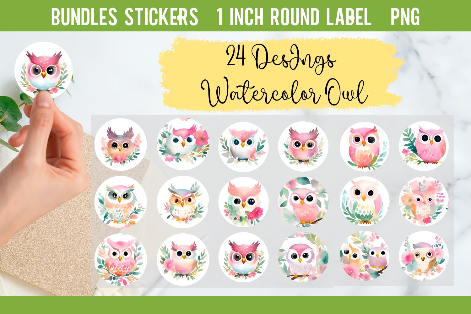 Watercolor Owl Stickers | Round Labels Design PNG 1 inch
