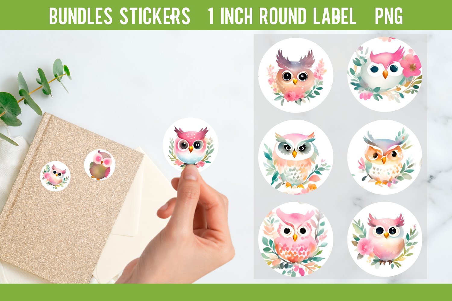 Watercolor Owl Stickers | Round Labels Design PNG 1 inch view 2