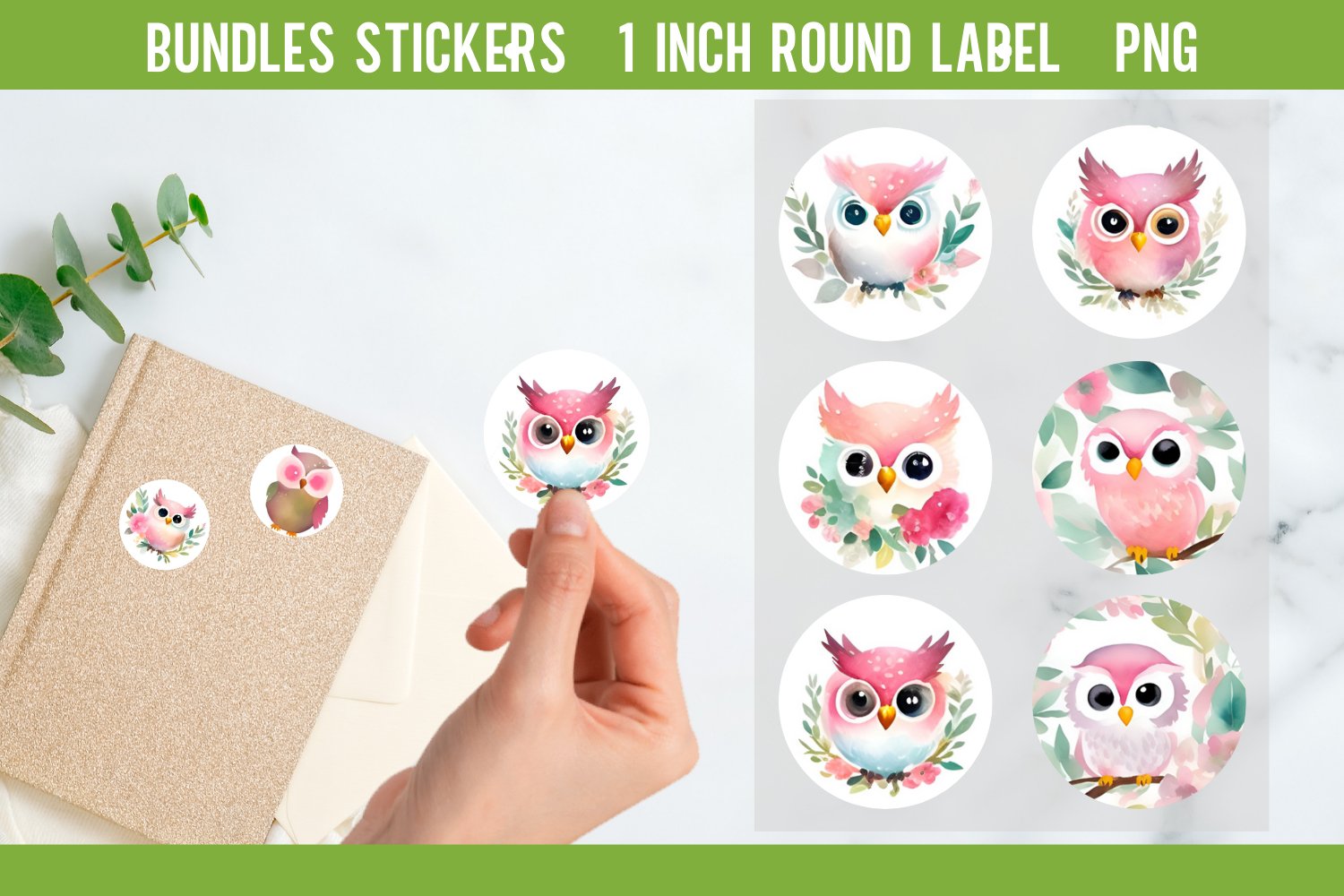 Watercolor Owl Stickers | Round Labels Design PNG 1 inch view 3