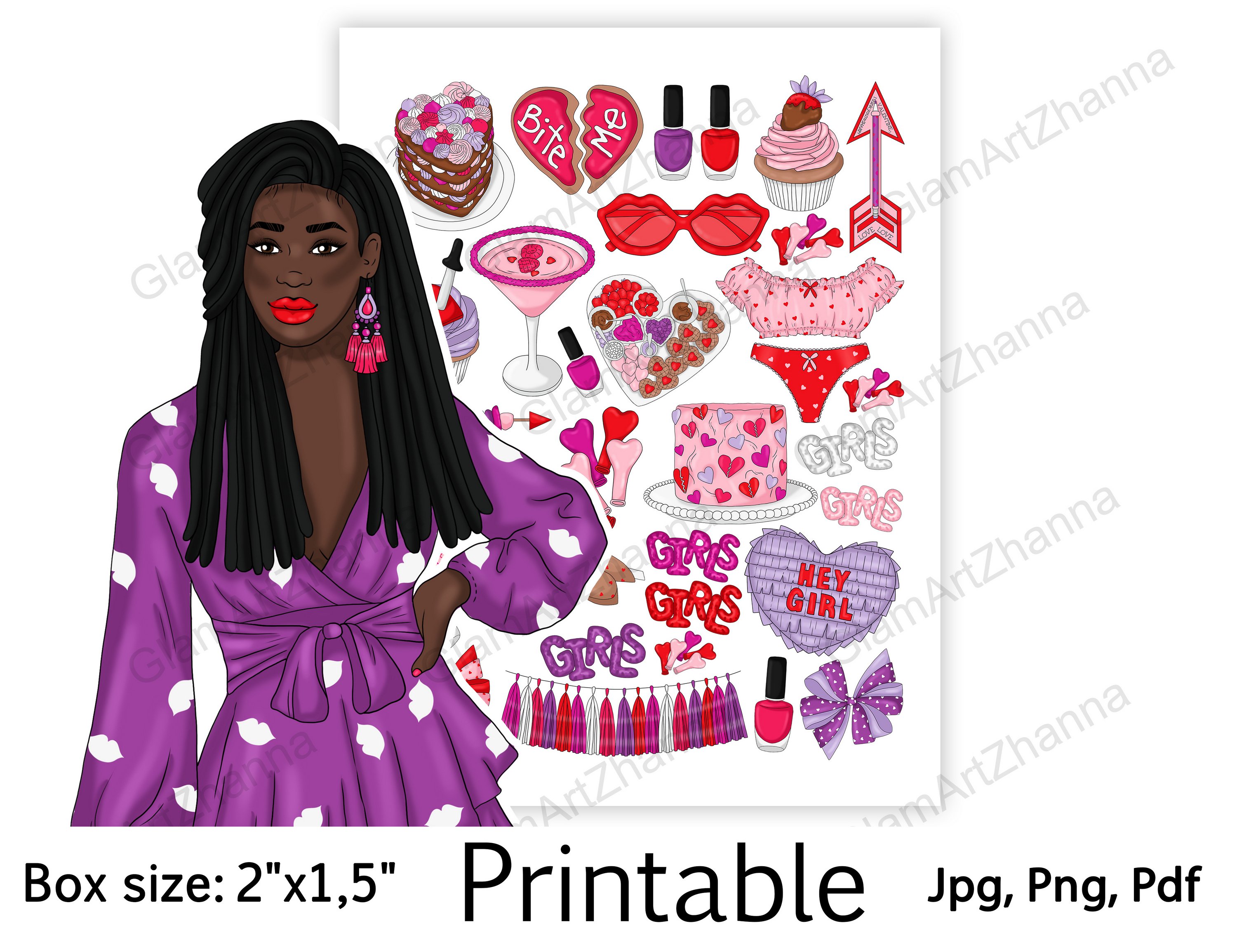 Galentines Day African American Stickers Box Size 2"x1,5" view 3