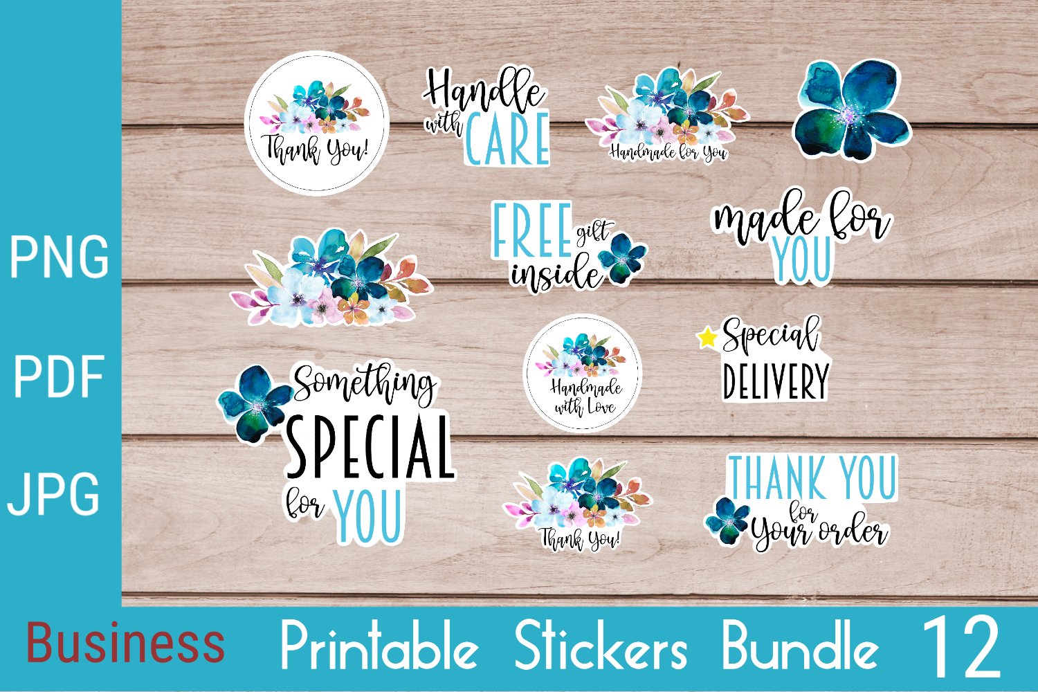 Business and Packaging Stickers Bundle - Teal Flowers