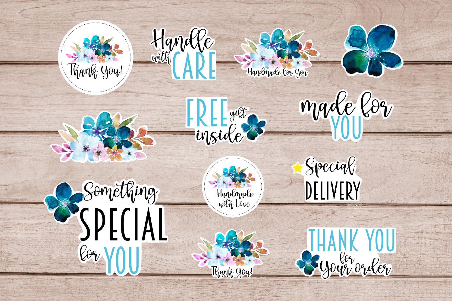 Business and Packaging Stickers Bundle - Teal Flowers view 2