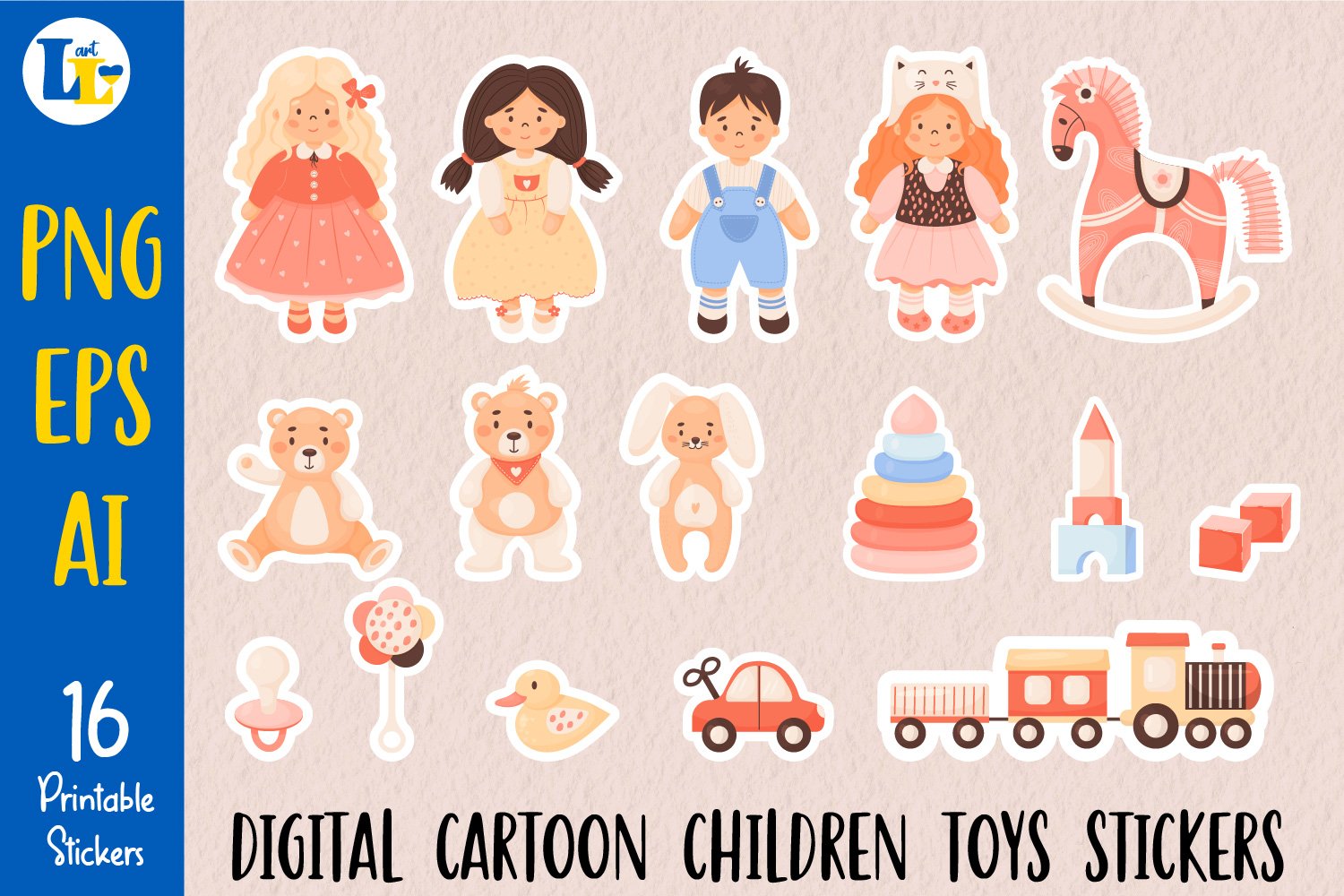 Printable stickers Cute children toys, doll, plush toys