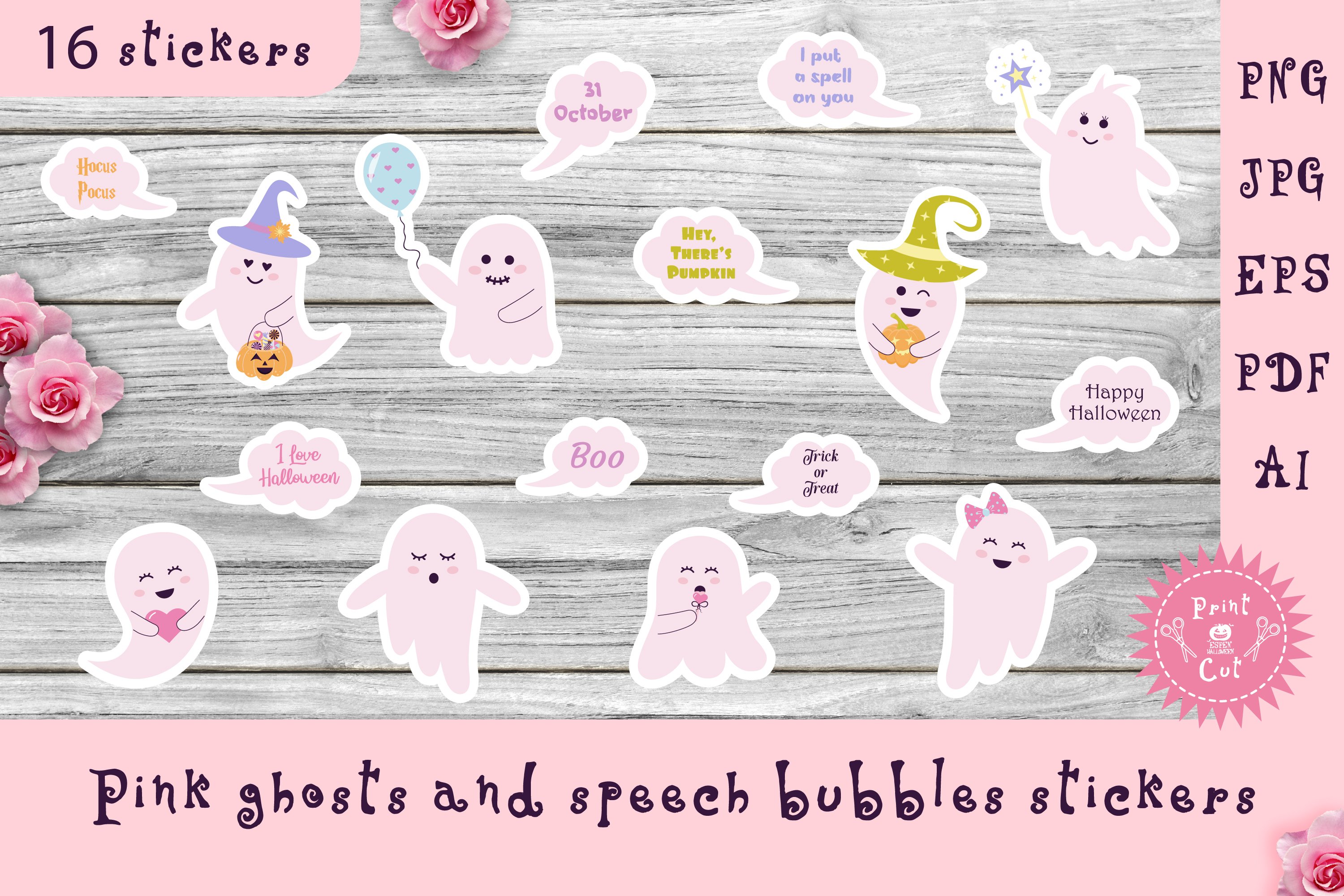 Pink ghosts and speech bubbles stickers