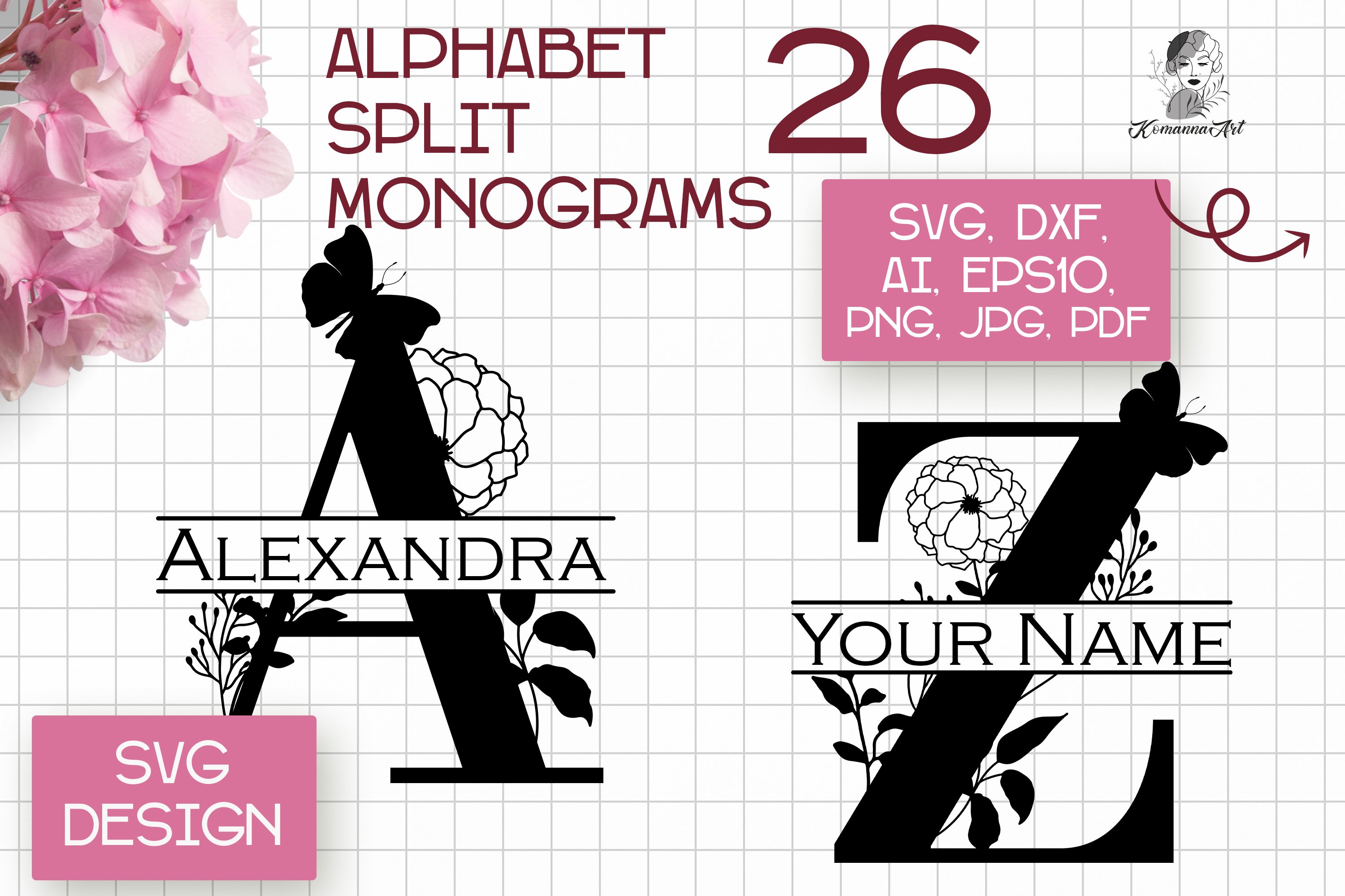 Split monograms / Split letters / Floral Alphabet SVG