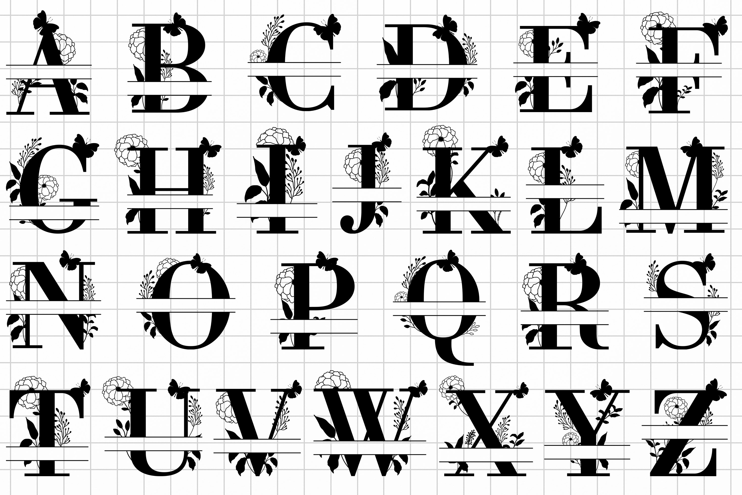 Split monograms / Split letters / Floral Alphabet SVG view 3