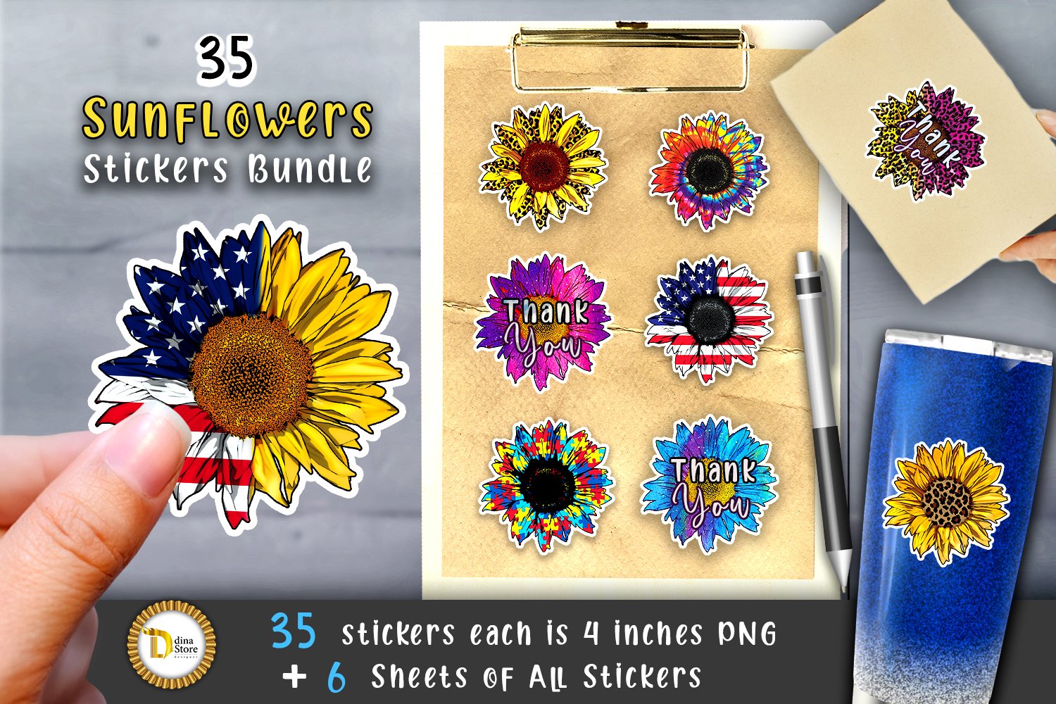 Small-Business 35 Sunflowers Stickers Bundle