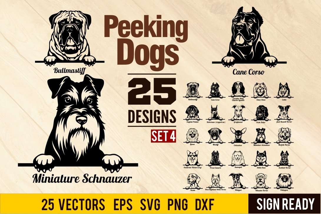 Peeking Dogs Set 4, Bundle Breed, Head Face, Cut vector