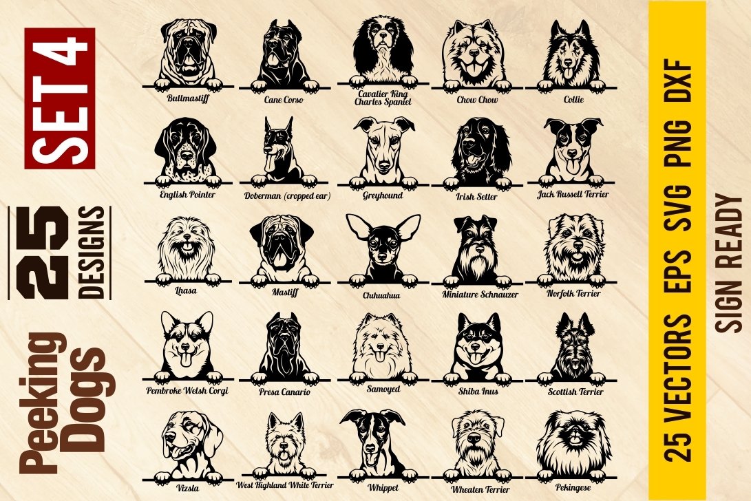 Peeking Dogs Set 4, Bundle Breed, Head Face, Cut vector view 2