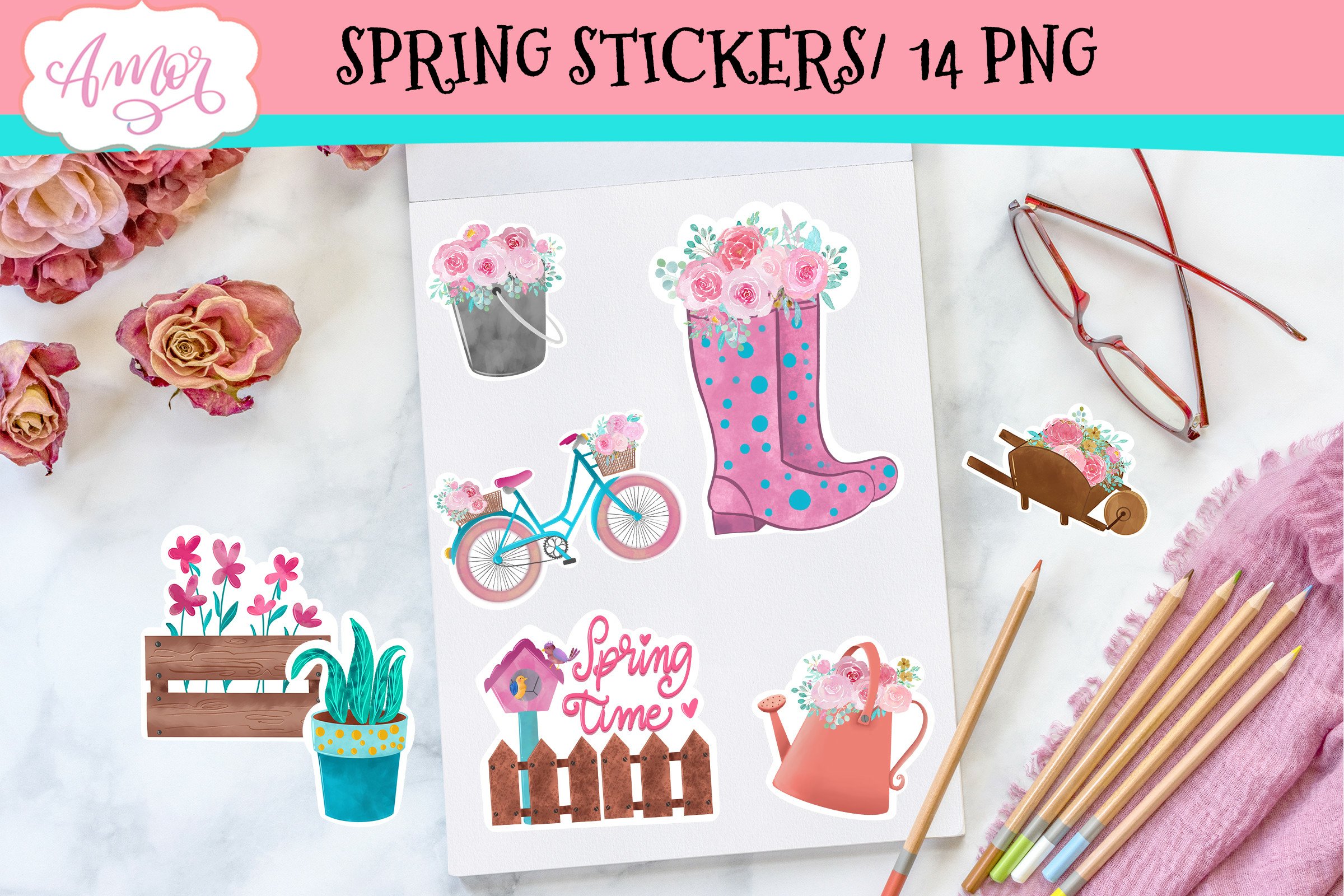 Spring Printable scrapbook stickers, 14 for print   cut PNG view 2