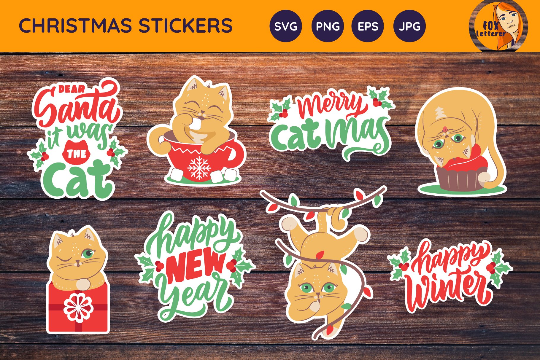 Cartoon Cats, quotes for Christmas. Printable stickers svg