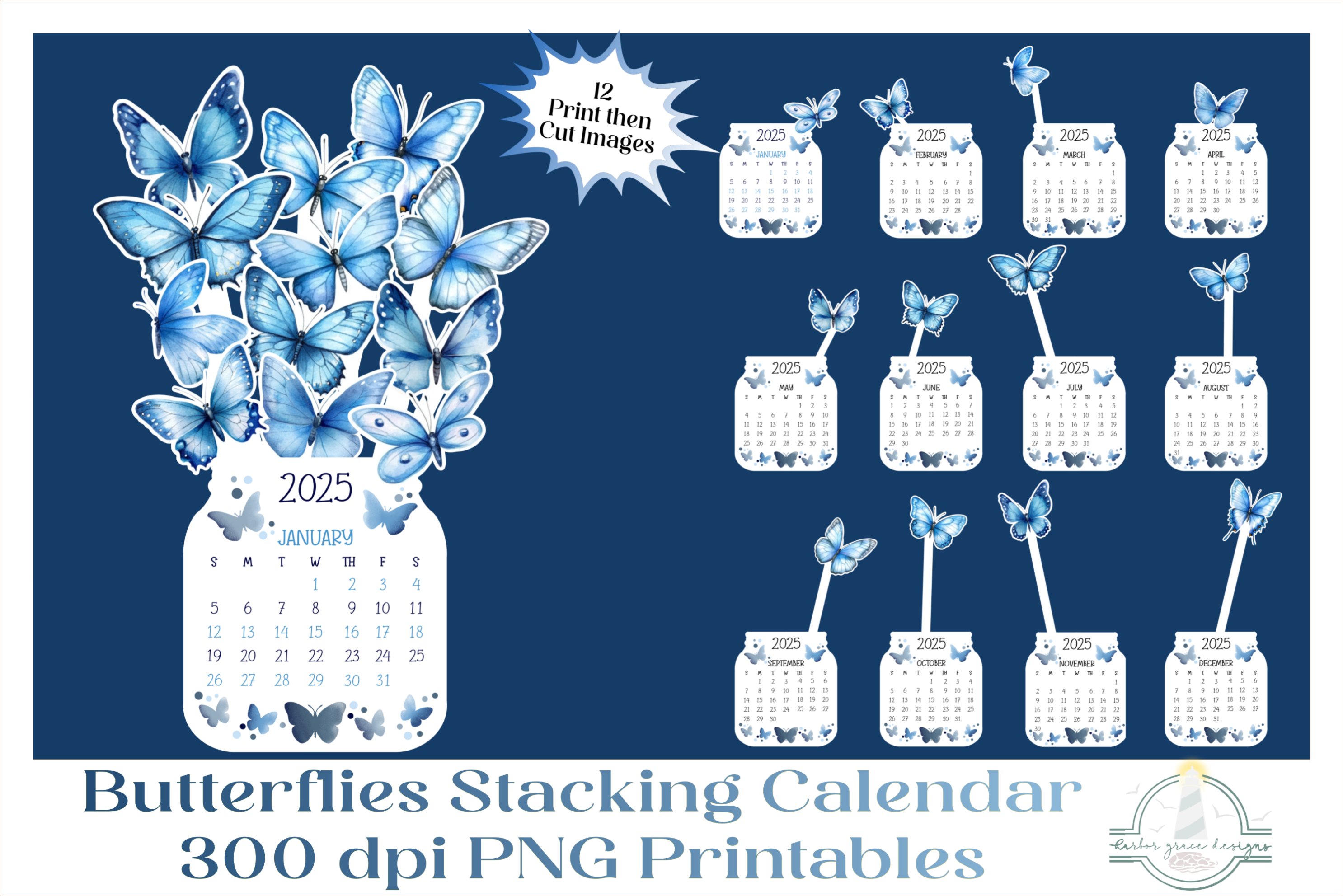 2025 Butterflies Calendar Desktop PNG, Print Then Cut files