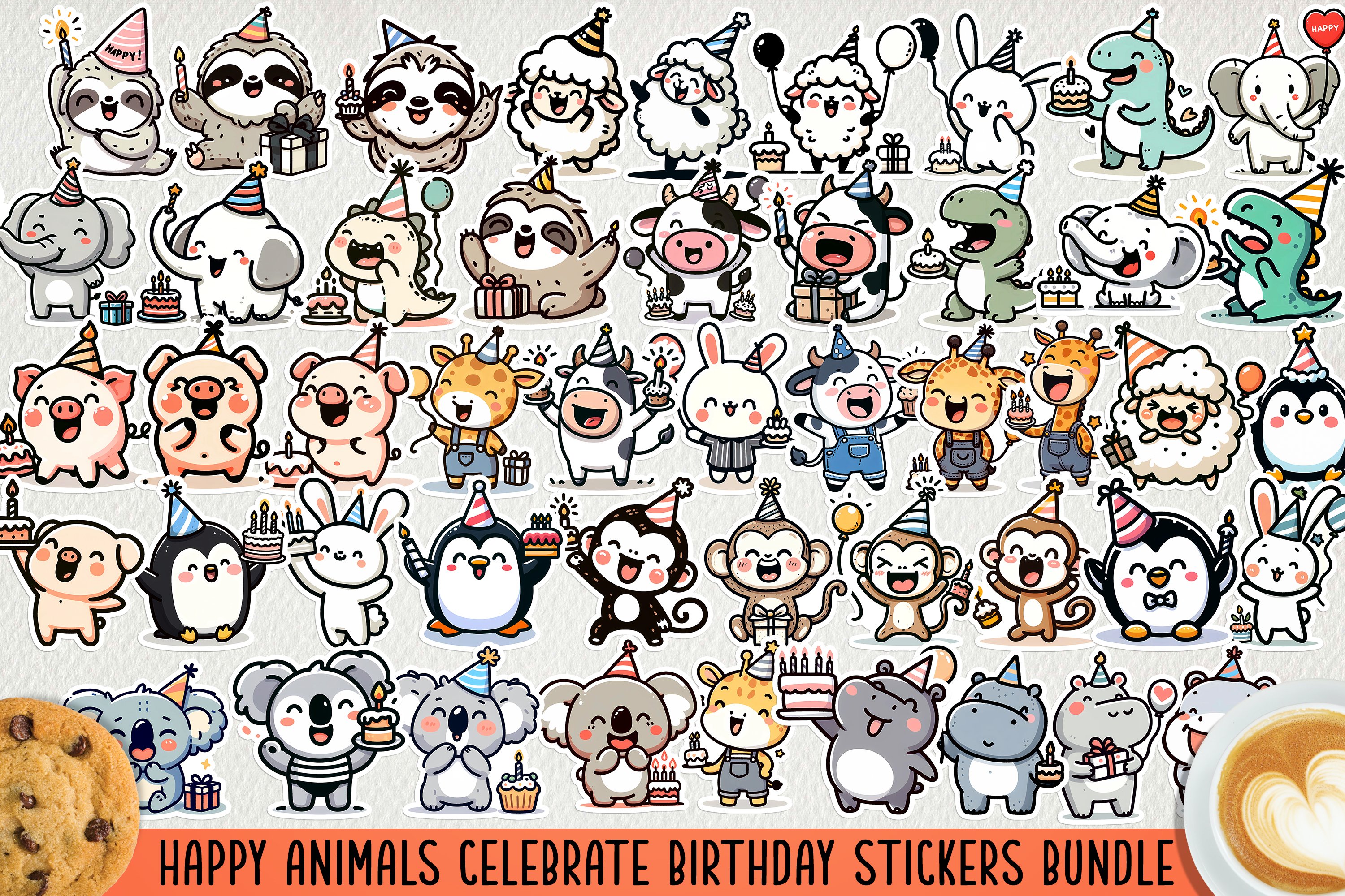 Happy animals celebrate birthday stickers. BUNDLE.
