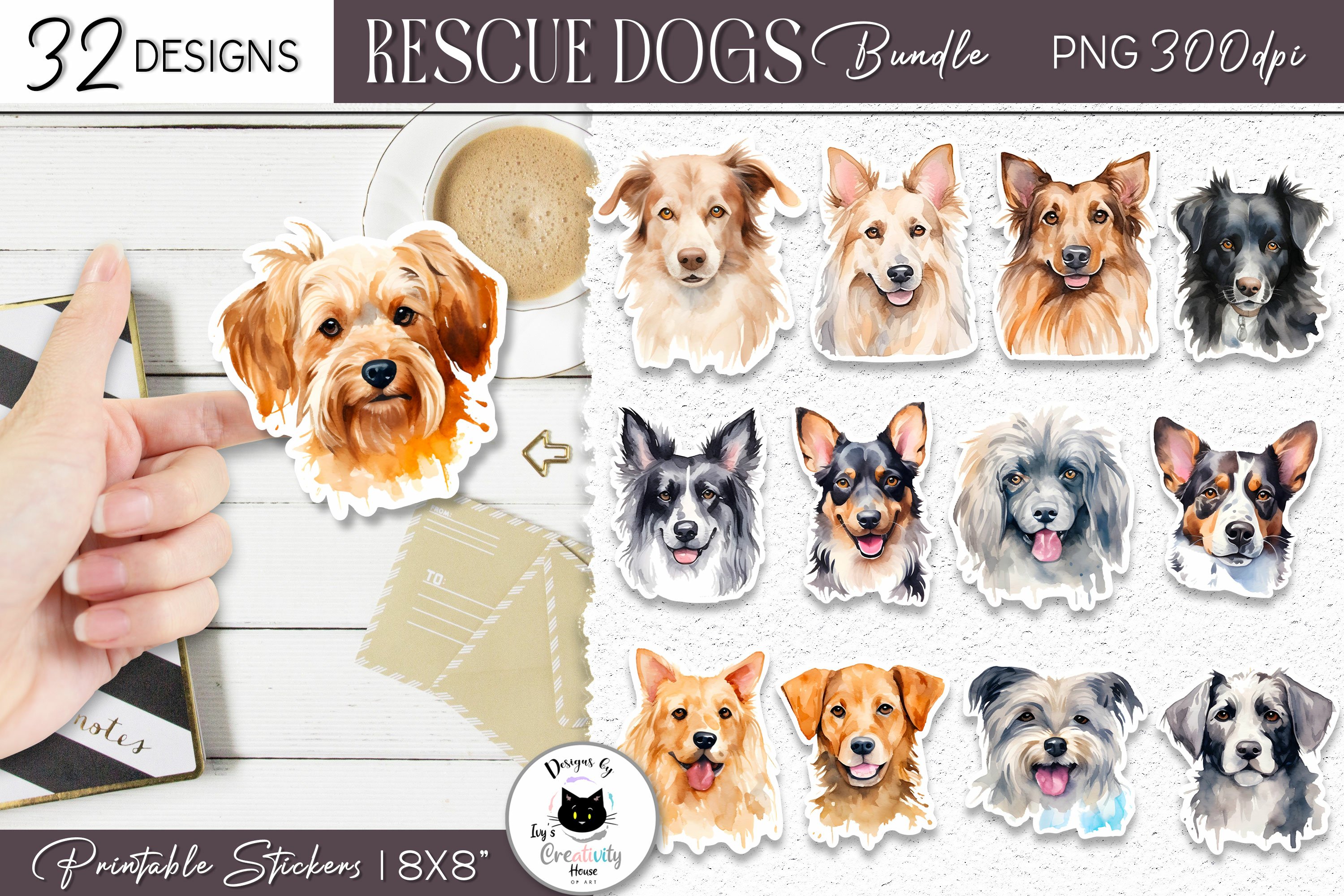 Watercolor Dog Sticker Bundle | Rescue Dog Stickers