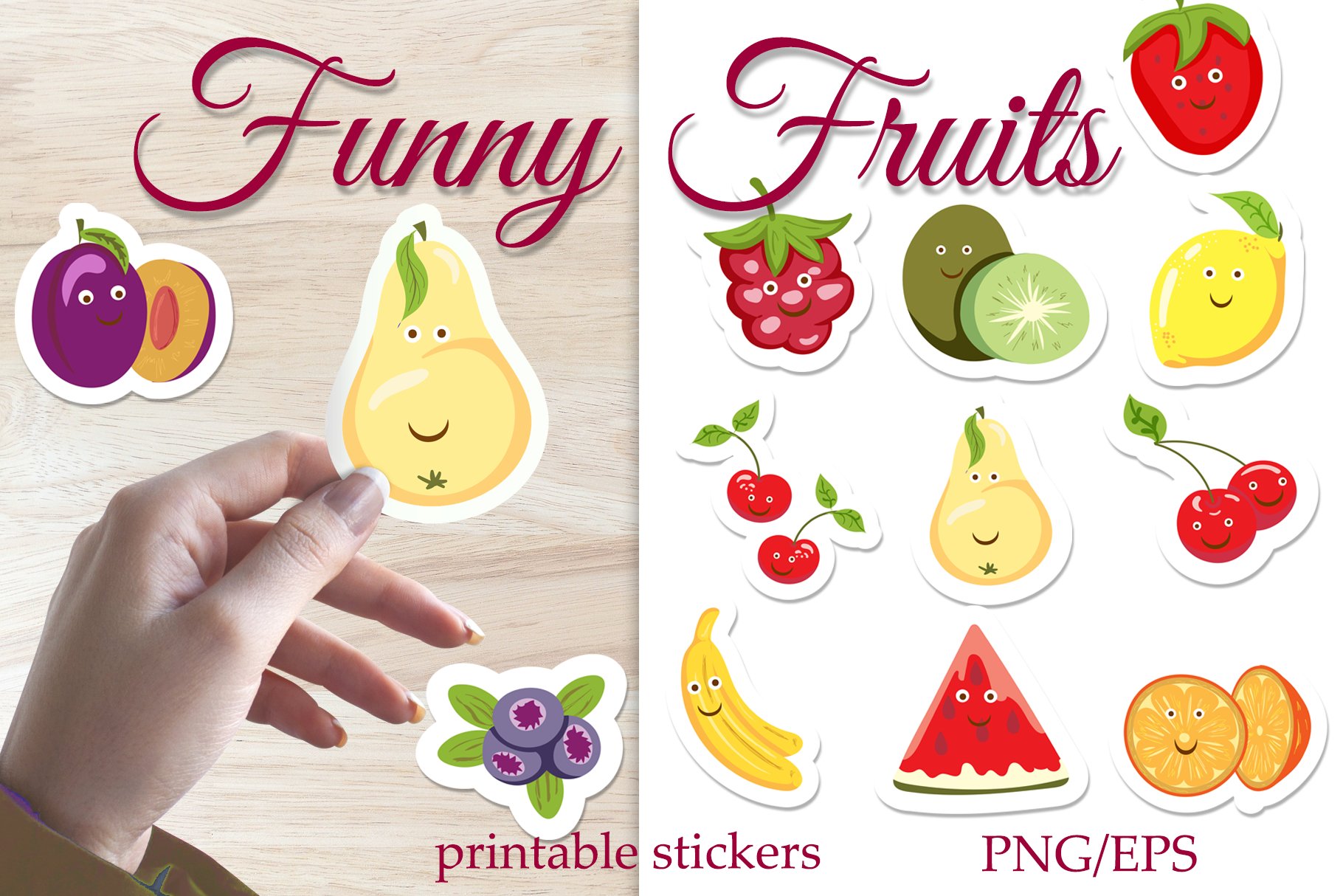 Funny Summer Fruit Cartoon / Printable Stickers / Png, Eps