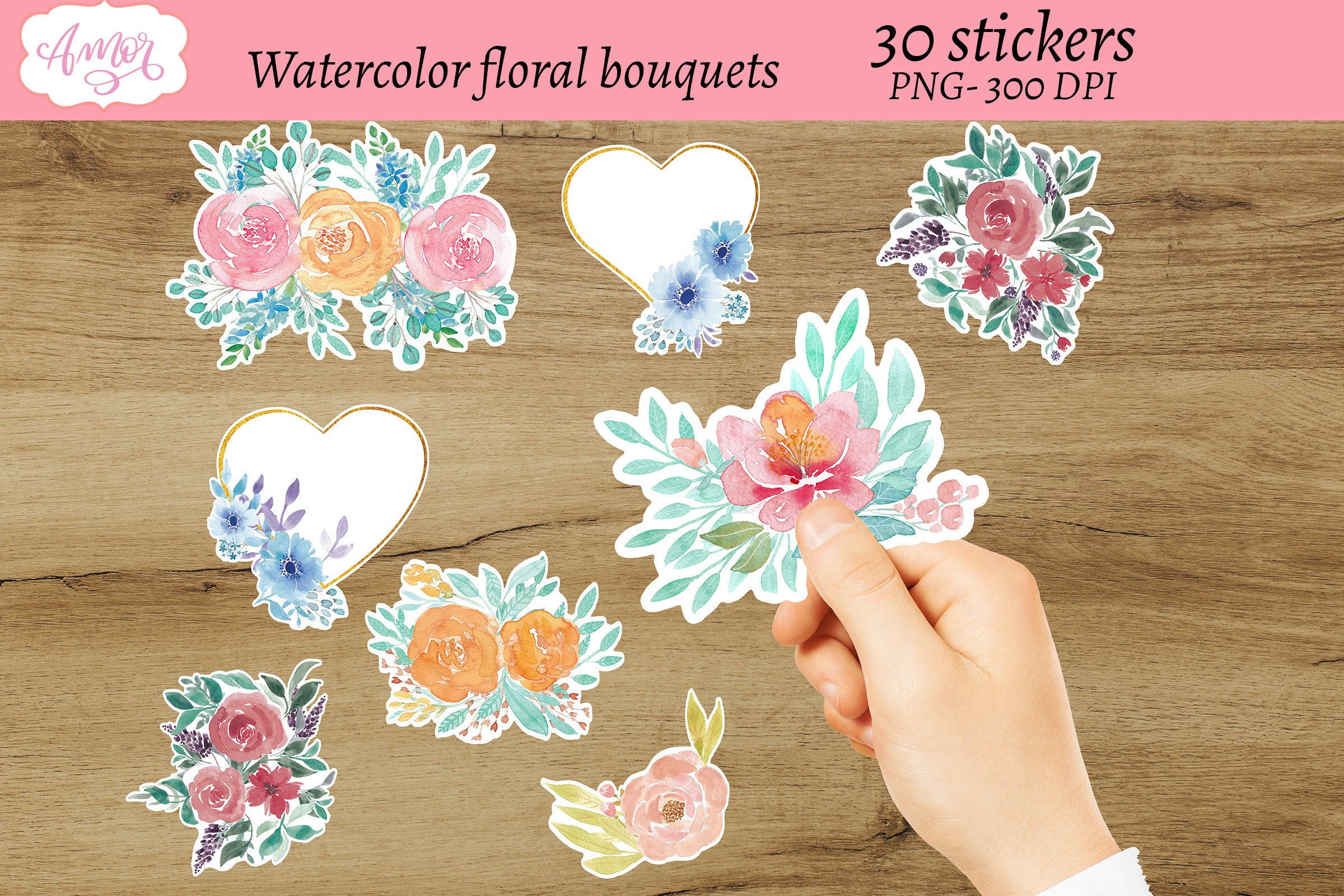 Floral Printable scrapbook stickers, 30 PNG bundle view 3