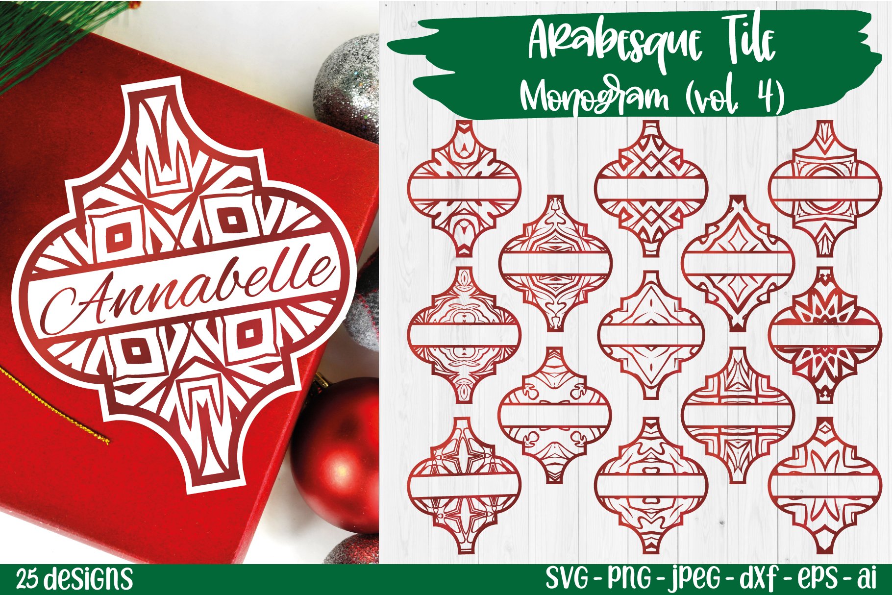 Mega Ornament SVG Bundle Arabesque Christmas monogram title view 3