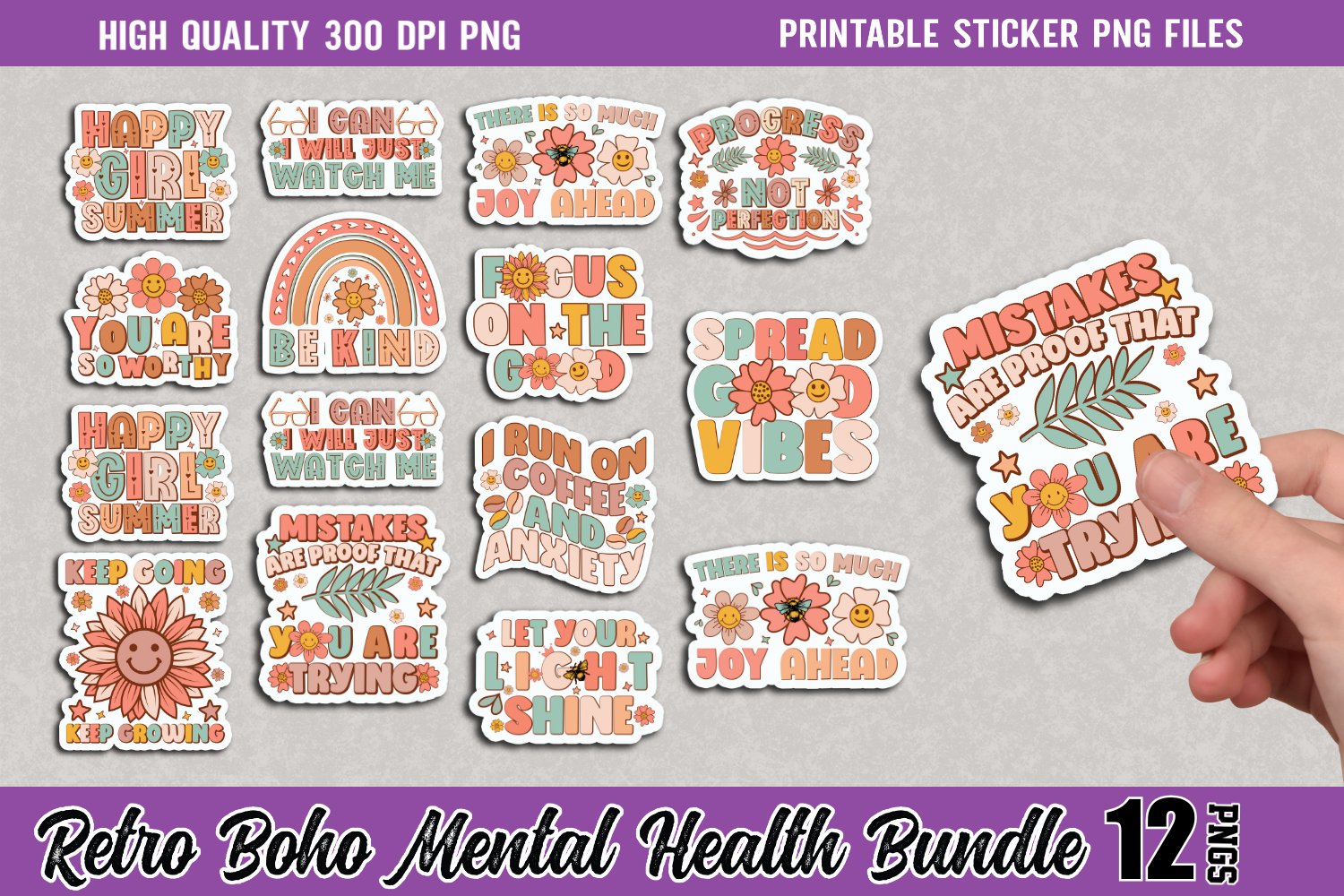 Retro Mental Health Sticker Bundle, Mental Health Sticker