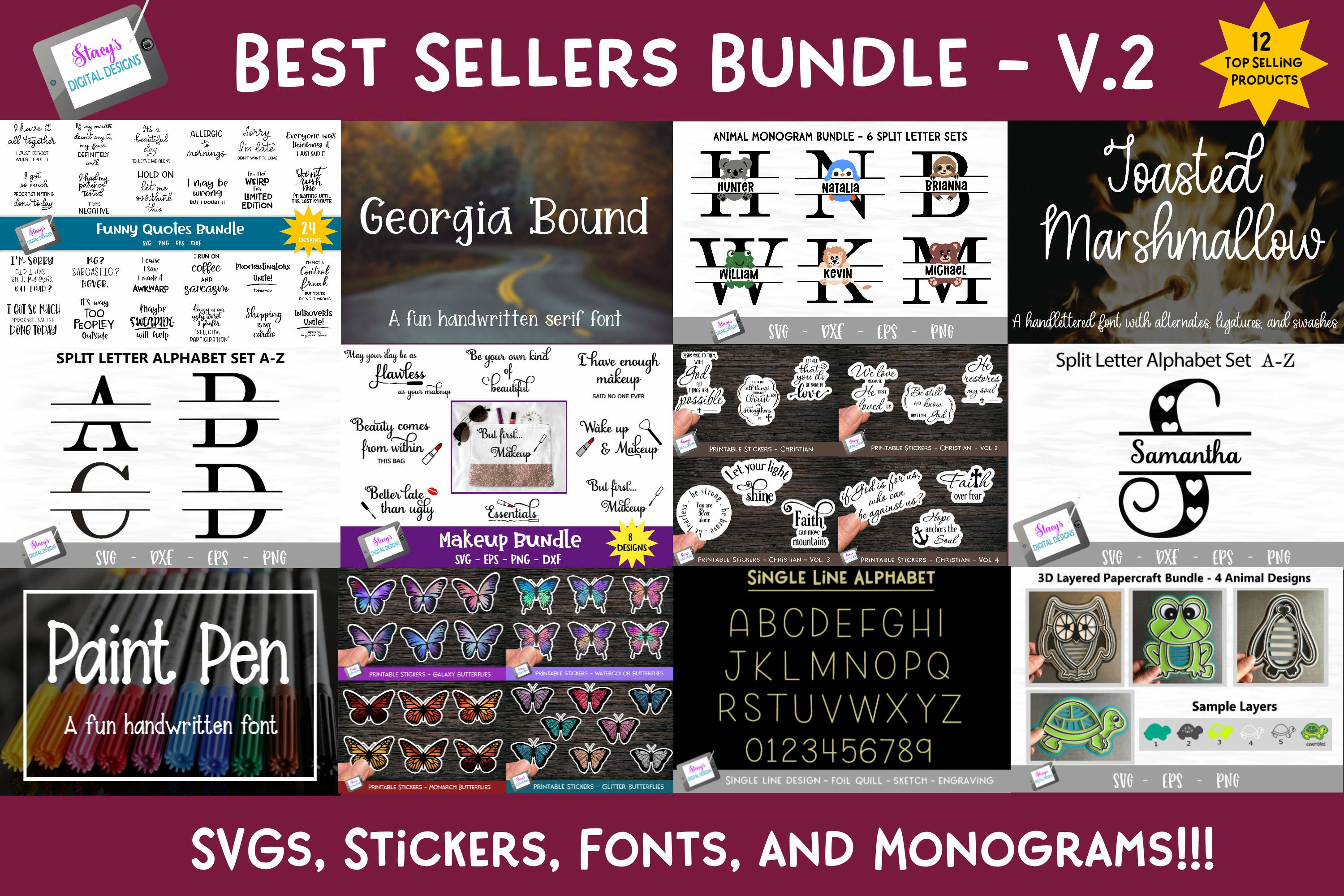 Best Sellers Bundle V.2 - SVGs, Stickers, Fonts,   Monograms