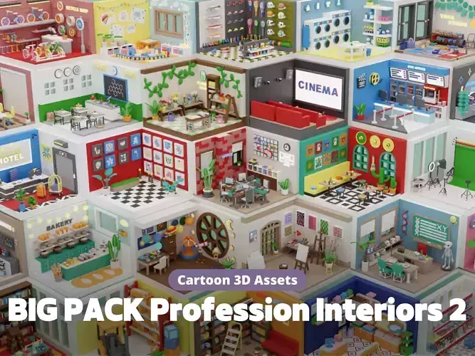 BIG PACK Cozy Cartoon Profession Rooms Interiors 2 Low-poly 3D model