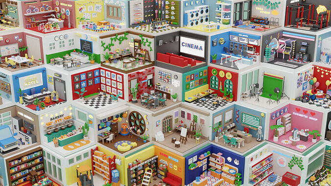 BIG PACK Cozy Cartoon Profession Rooms Interiors 2 Low-poly 3D model view 2