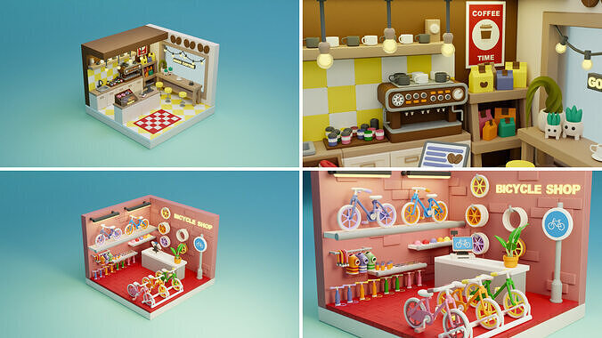 BIG PACK Cozy Cartoon Profession Rooms Interiors 2 Low-poly 3D model view 3