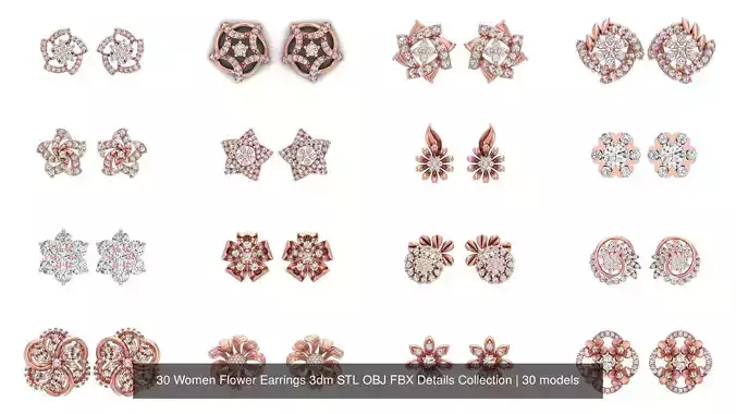 30 Women Flower Earrings 3dm STL OBJ FBX Details Collection 3D Model Pack