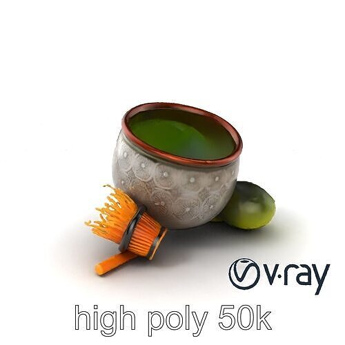Traditional Matcha Tea Set with Bamboo Whisk model pack Low-poly 3D model view 3