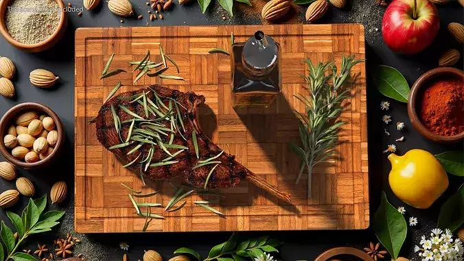 Wooden Board with Meat and Rosemary Oil 3D model view 2