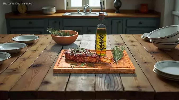 Wooden Board with Meat and Rosemary Oil 3D model view 3
