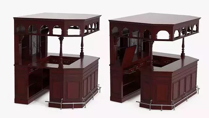 Classic Wooden Bar with Arched Upper Rack Red-Brown 3D model view 3