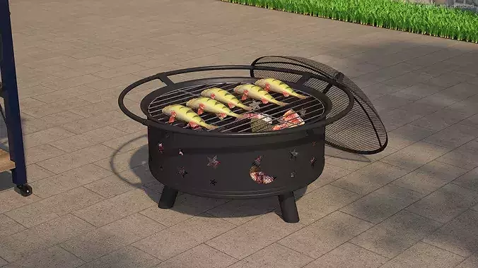 Fresh Yellow Perch on Outdoor BBQ Grill with Coals 3D model view 2
