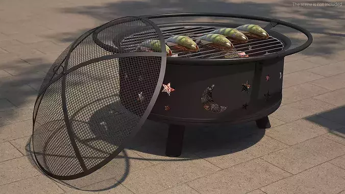 Fresh Yellow Perch on Outdoor BBQ Grill with Coals 3D model view 3