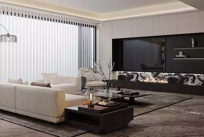 Italian-style living and dining room 3D model view 3