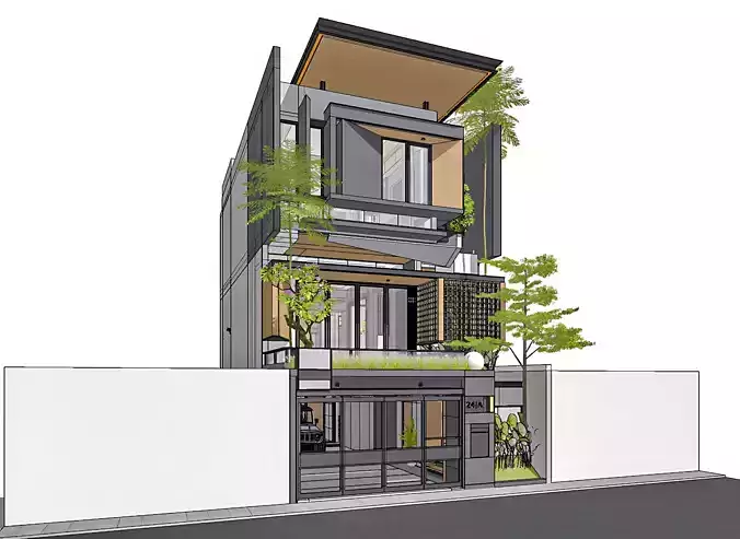3D Model Modern Minimalist 3 Story House Contemporary 3D model view 3