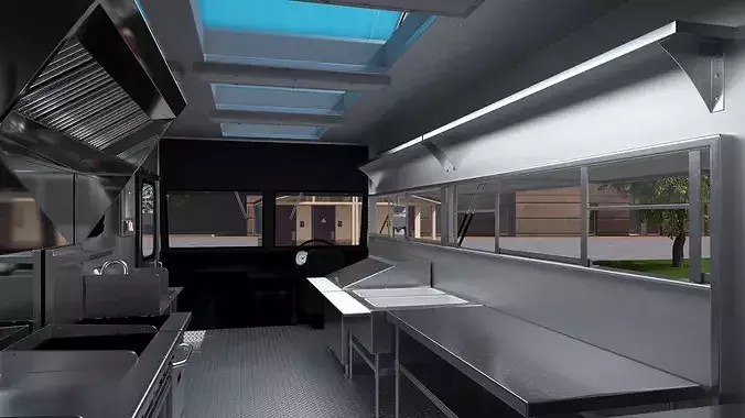 Food Truck Vehicle Mockup with Interior 3D model view 3