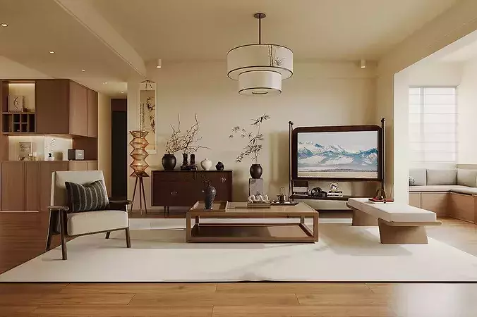 Chinese style living French retro style living 3D model view 3