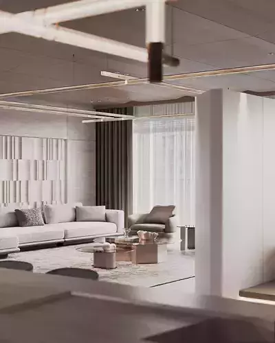 Livingroom and Kitchen 3D model view 3
