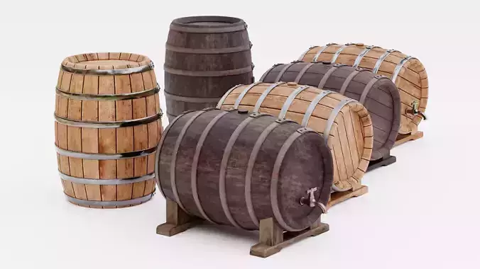 6 Wine Barrels - Oak and Dark Casks with Stands and Spigots Low-poly 3D model
